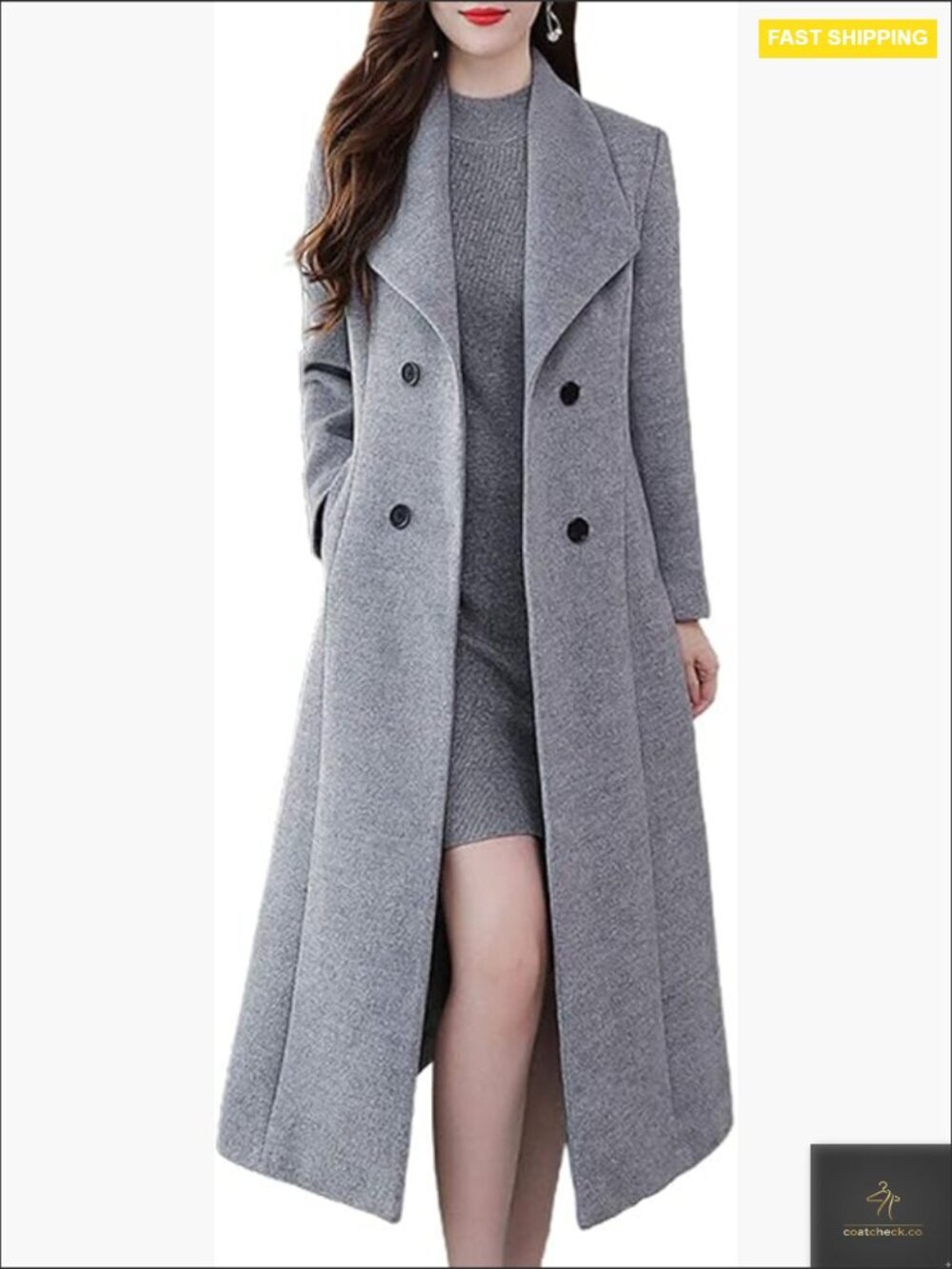 Wool Blend Pea Coat Shawl Lapel Double Breasted Midi Length Winter Warm